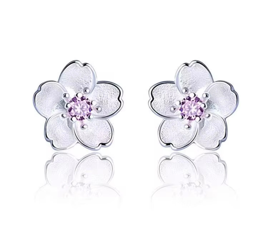 Sterling Silver CZ Flower Stud Earrings.