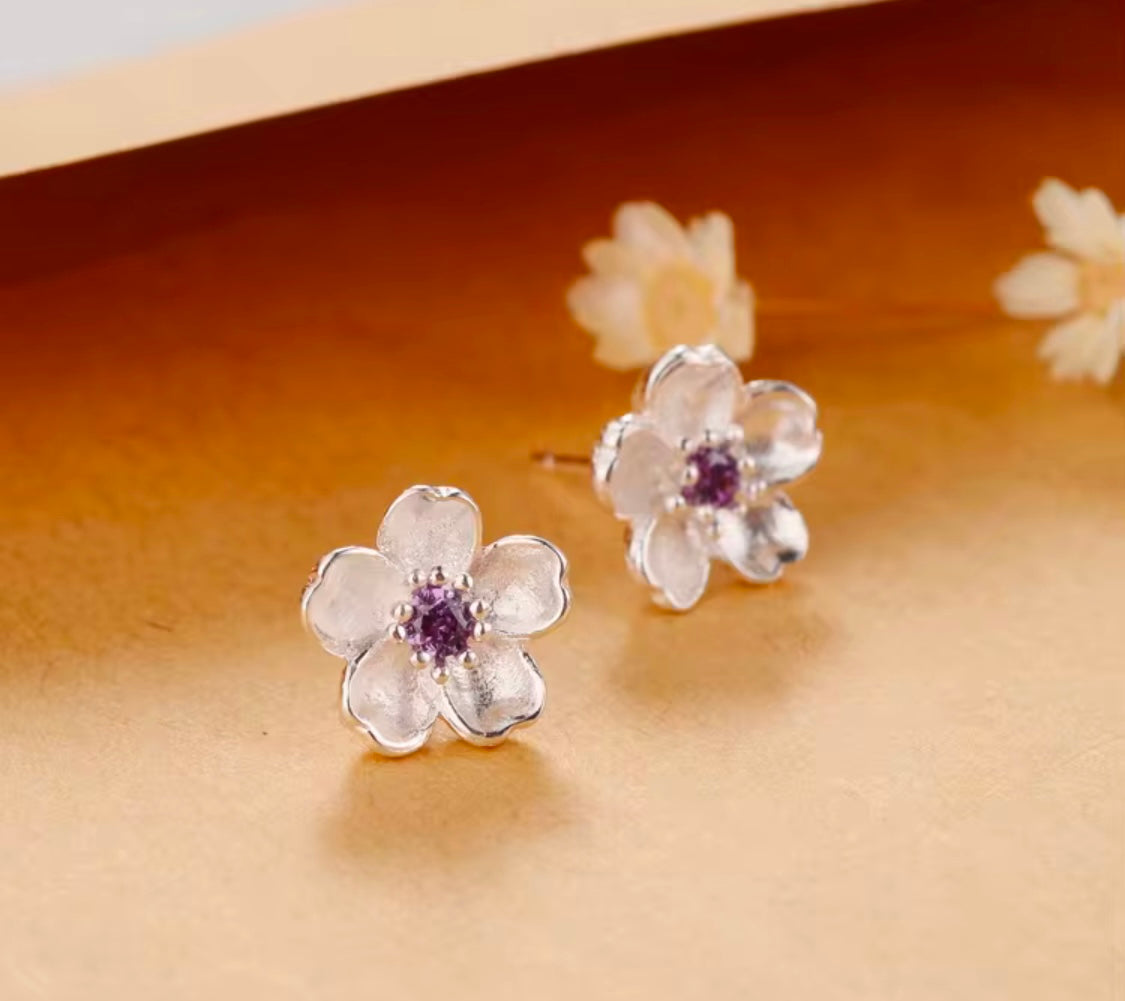 Sterling Silver CZ Flower Stud Earrings.